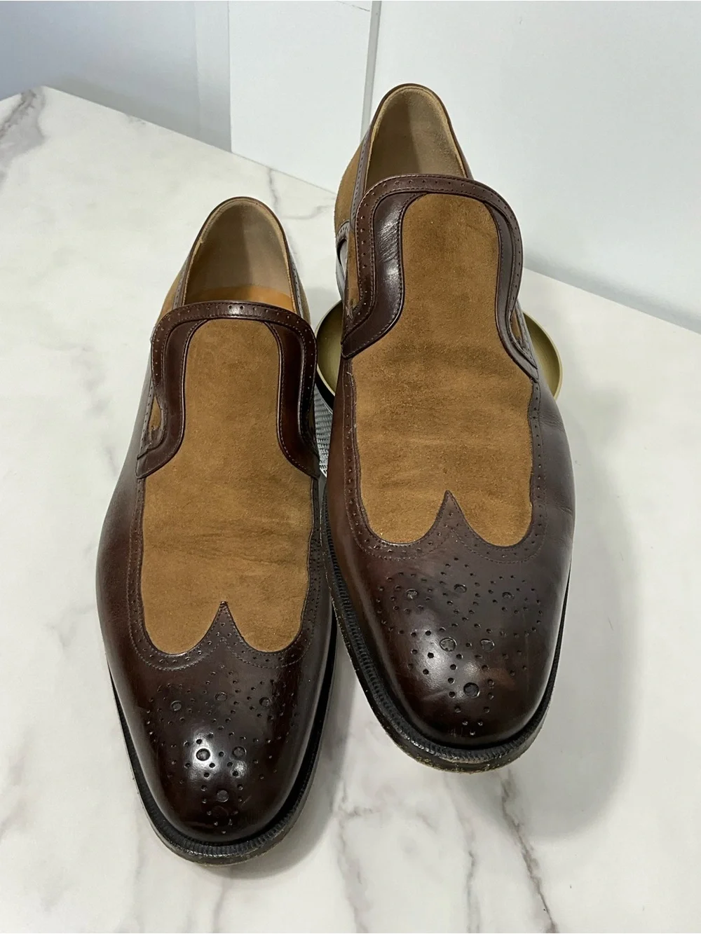 GUCCI Brown Tan Suede Leather Brogue Slip On Loafers Dress Shoes Men’s 10.5